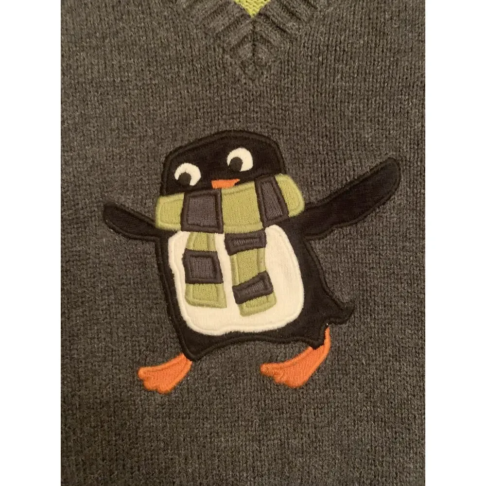 Y2K Gymboree Boys Gray Green V-Neck Penguin Sweater Vest 3T Holiday 100% Cotton